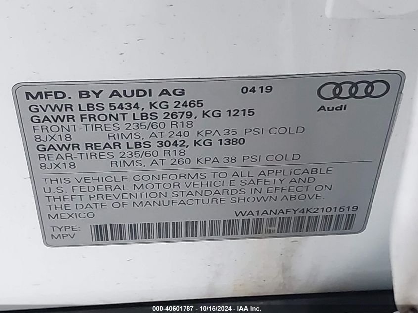 2019 Audi Q5 45 Premium VIN: WA1ANAFY4K2101519 Lot: 40601787