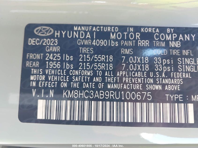 2024 Hyundai Kona Sel VIN: KM8HC3AB9RU100675 Lot: 40601805