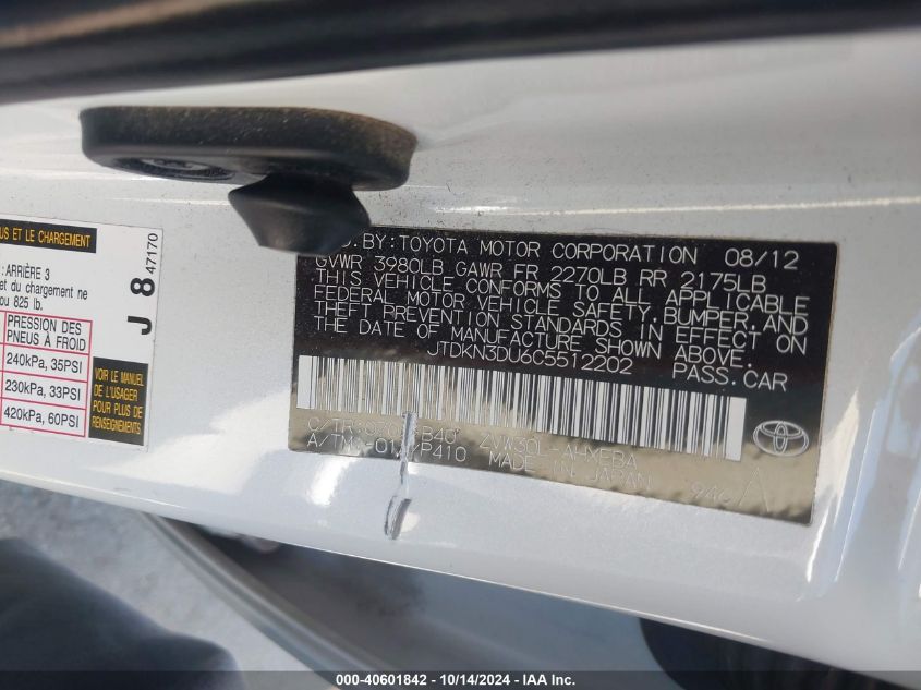 2012 Toyota Prius Two VIN: JTDKN3DU6C5512202 Lot: 40601842