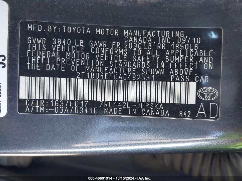 2010 Toyota Corolla S VIN: 2T1BU4EE0AC482551 Lot: 40601914