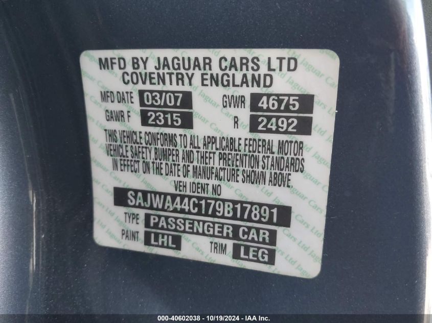 2007 Jaguar Xkr VIN: SAJWA44C179B17891 Lot: 40602038