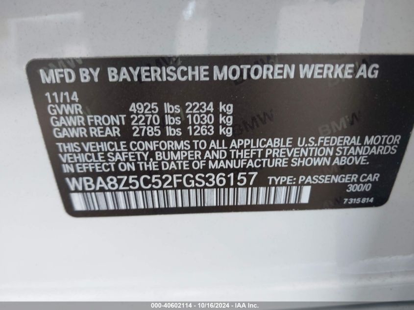 2015 BMW 328I Gran Turismo xDrive VIN: WBA8Z5C52FGS36157 Lot: 40602114