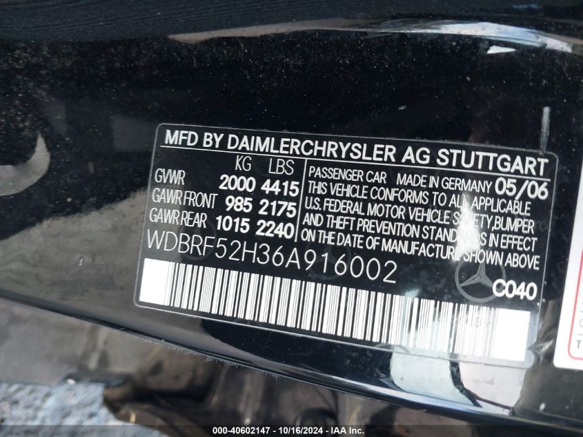 2006 Mercedes-Benz C 230 Sport VIN: WDBRF52H36A916002 Lot: 40602147