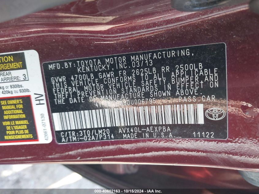 2013 Toyota Avalon Hybrid Limited VIN: 4T1BD1EB6DU006795 Lot: 40602163