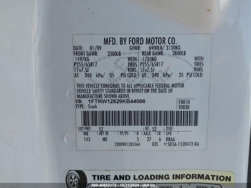 2009 Ford F-150 Xl/Xlt VIN: 1FTRW12829KB44066 Lot: 40602172