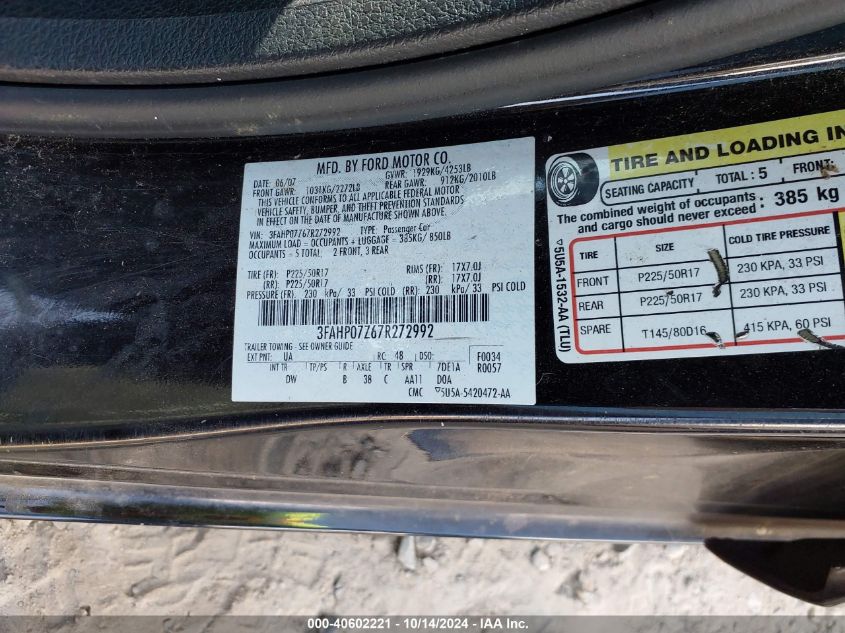 2007 Ford Fusion Se VIN: 3FAHP07Z67R272992 Lot: 40602221