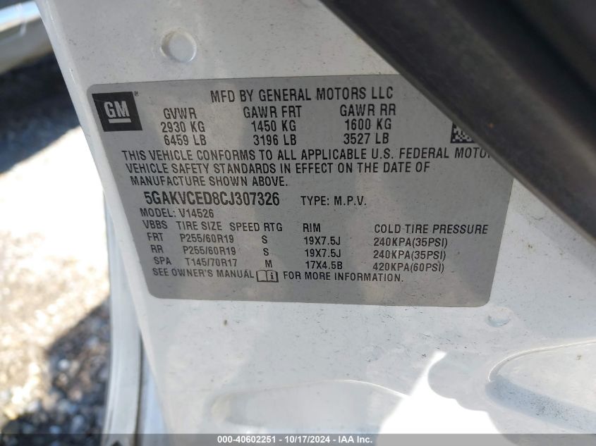 2012 Buick Enclave Leather VIN: 5GAKVCED8CJ307326 Lot: 40602251