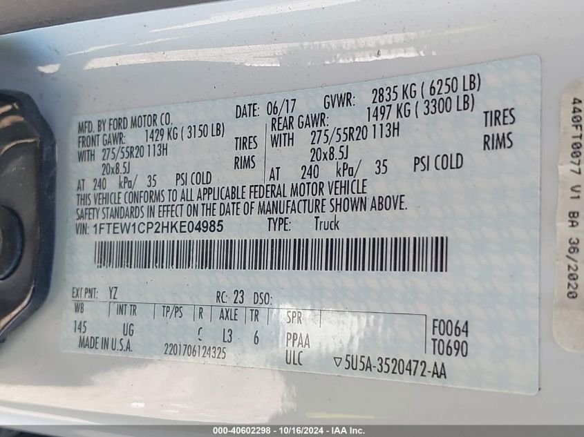 2017 Ford F-150 Xlt VIN: 1FTEW1CP2HKE04985 Lot: 40602298