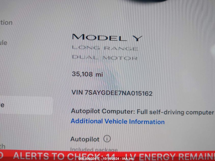 2022 Tesla Model Y Long Range Dual Motor All-Wheel Drive VIN: 7SAYGDEE7NA015162 Lot: 40602417