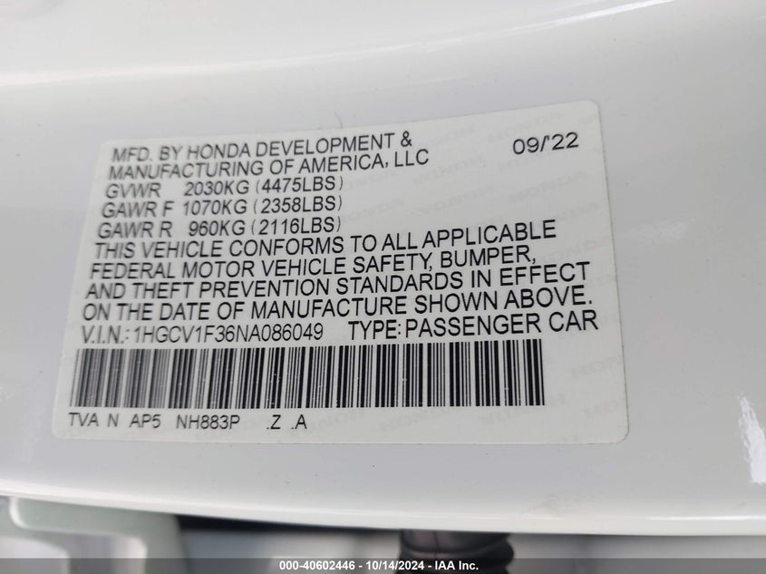 VIN 1HGCV1F36NA086049 2022 HONDA ACCORD SPORT