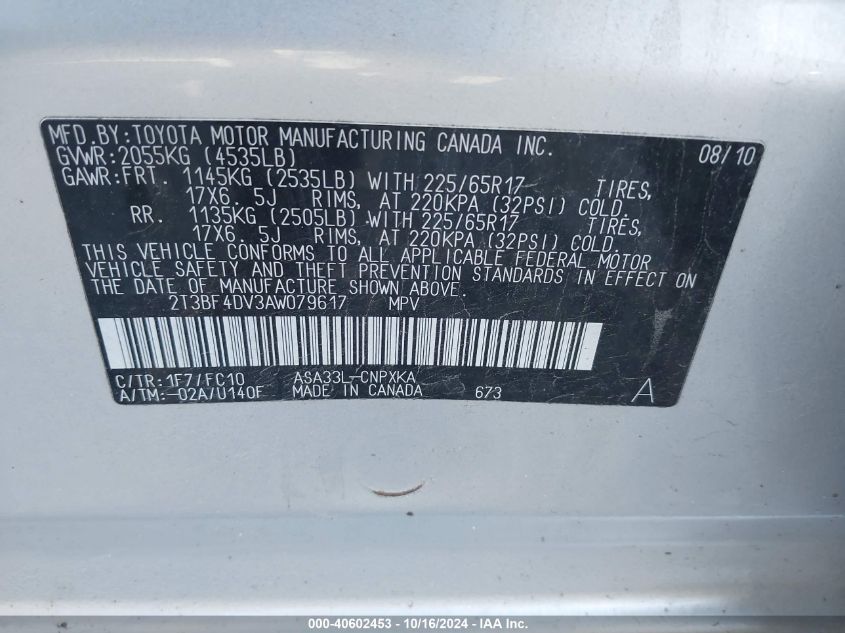 2010 Toyota Rav4 VIN: 2T3BF4DV3AW079617 Lot: 40602453