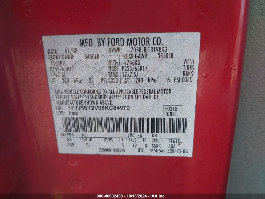 2008 Ford F-150 60Th Anniversary/Fx2/King Ranch/Lariat/Xlt VIN: 1FTPW12V08KC84970 Lot: 40602498