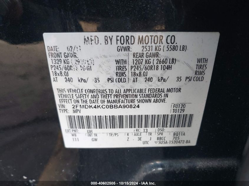 2011 Ford Edge Limited VIN: 2FMDK4KC0BBA90824 Lot: 40602505