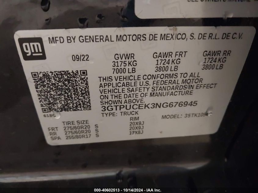 2022 GMC Sierra 1500 4Wd Short Box Elevation With 3Sb VIN: 3GTPUCEK3NG676945 Lot: 40602513