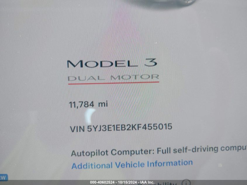 2019 Tesla Model 3 Long Range/Performance VIN: 5YJ3E1EB2KF455015 Lot: 40602524