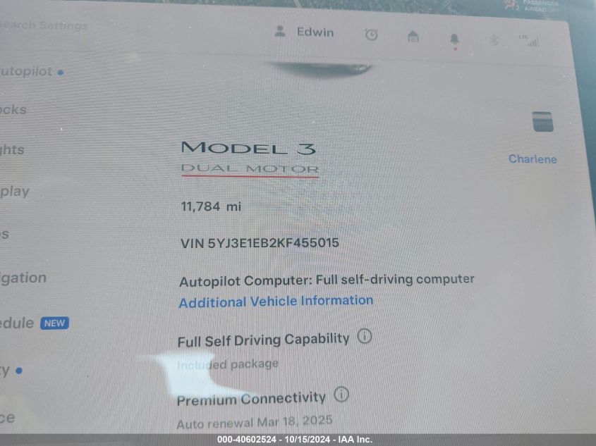 2019 Tesla Model 3 Long Range/Performance VIN: 5YJ3E1EB2KF455015 Lot: 40602524