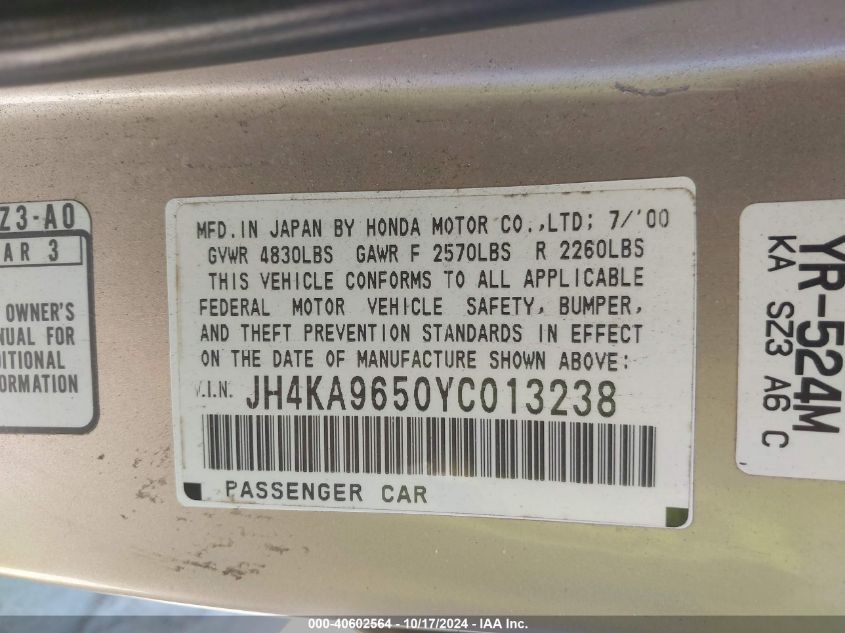 2000 Acura 3.5Rl VIN: JH4KA9650YC013238 Lot: 40602564
