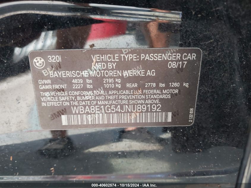 2018 BMW 320I VIN: WBA8E1G54JNU89192 Lot: 40602574