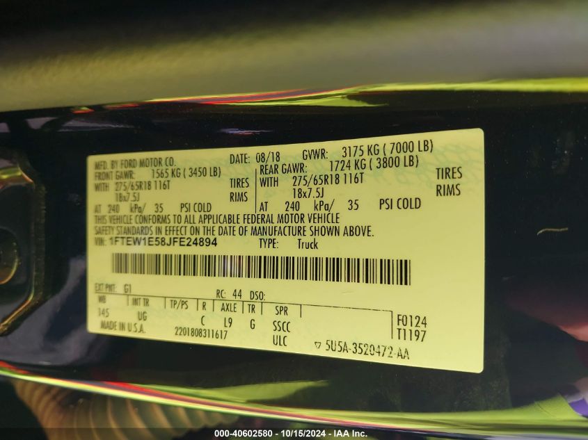 2018 Ford F-150 Xlt VIN: 1FTEW1E58JFE24894 Lot: 40602580