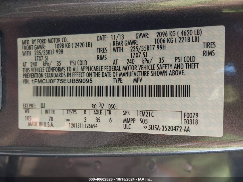 2014 Ford Escape S VIN: 1FMCU0F75EUB59095 Lot: 40602626