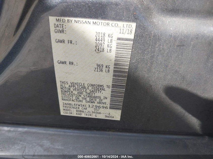 VIN 1N4BL4FW1KC129696 2019 NISSAN ALTIMA 2.5 PLATINUM
