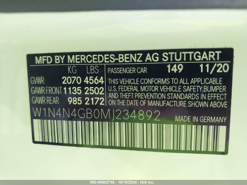 2021 Mercedes-Benz Gla 250 VIN: W1N4N4GB0MJ234892 Lot: 40602746