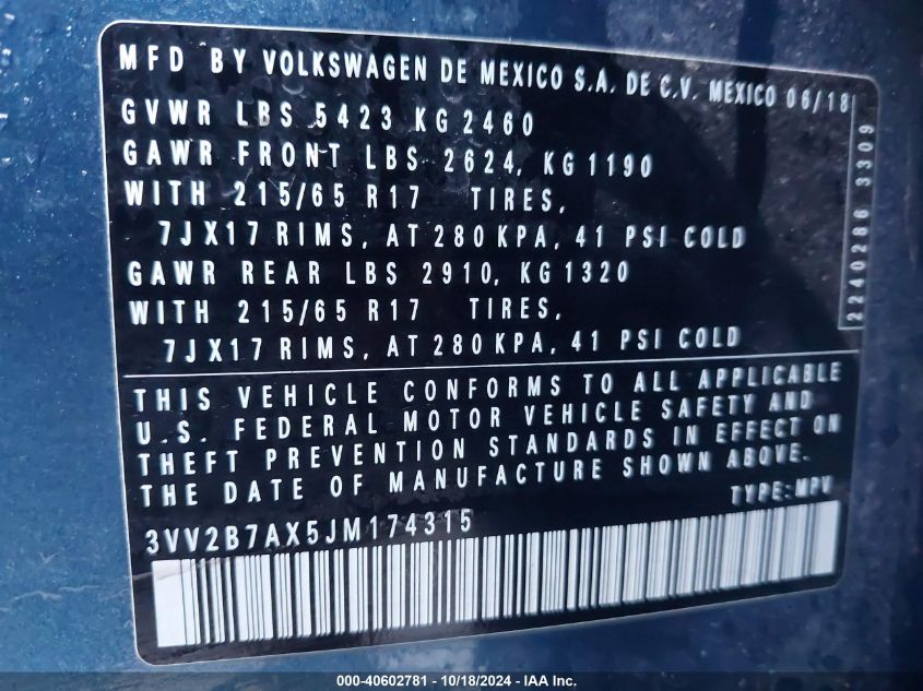 VIN 3VV2B7AX5JM174315 2018 VOLKSWAGEN TIGUAN 2.0T SE/2.0T SEL