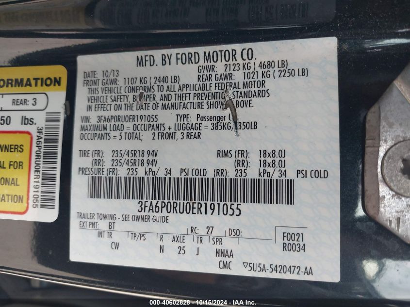 2014 Ford Fusion Hybrid Titanium VIN: 3FA6P0RU0ER191055 Lot: 40602828