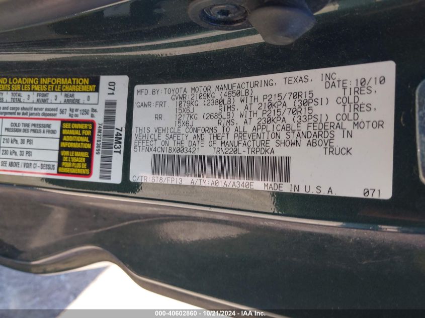 2011 Toyota Tacoma VIN: 5TFNX4CN1BX003421 Lot: 40602860