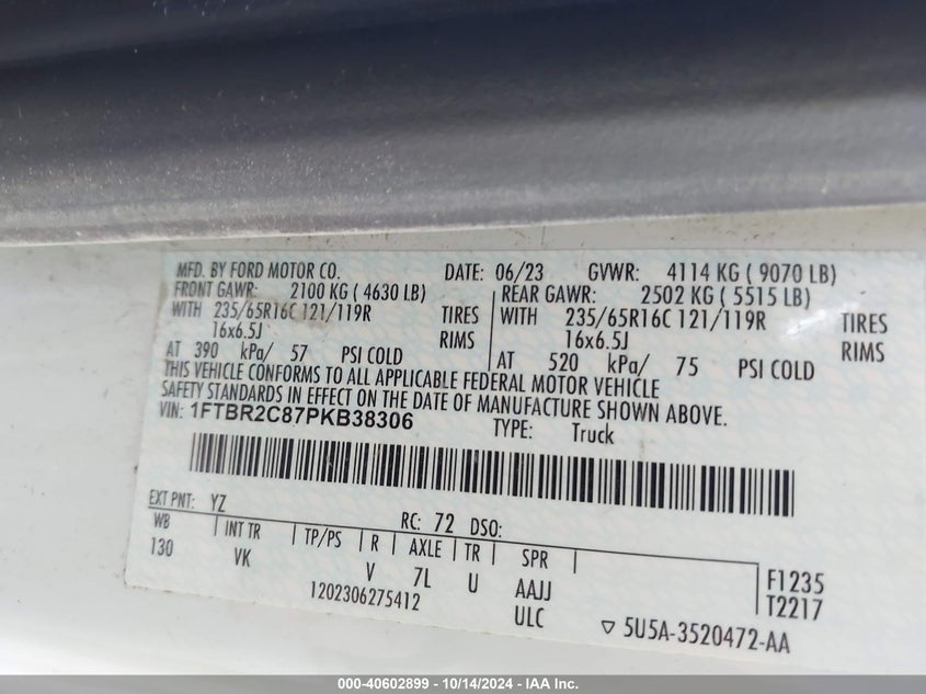 2023 FORD TRANSIT-250 CARGO VAN 3.5L V-6 DI, DOHC, V(VIN: 1FTBR2C87PKB38306
