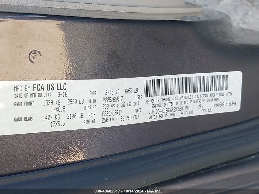 2016 Chrysler Town & Country Touring VIN: 2C4RC1BG6GR299590 Lot: 40602917