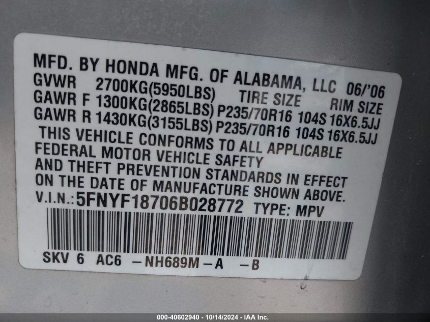 2006 Honda Pilot Ex-L VIN: 5FNYF18706B028772 Lot: 40602940