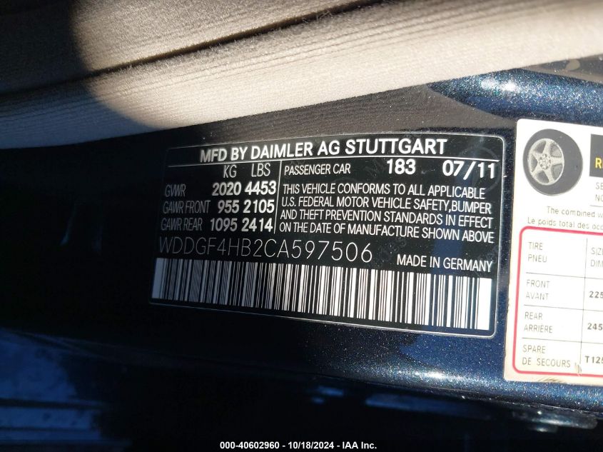 2012 Mercedes-Benz C 250 Luxury/Sport VIN: WDDGF4HB2CA597506 Lot: 40602960