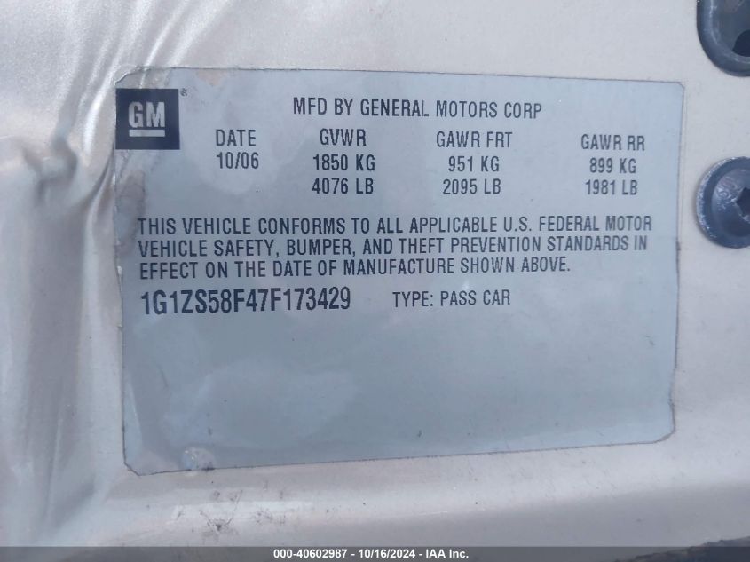 2007 CHEVROLET MALIBU VIN: 1G1ZS58F47F173429
