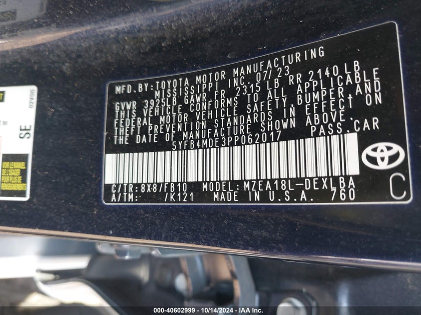 2023 TOYOTA COROLLA 2.0L I-4 DI, DOHC, V(VIN: 5YFB4MDE3PP062017