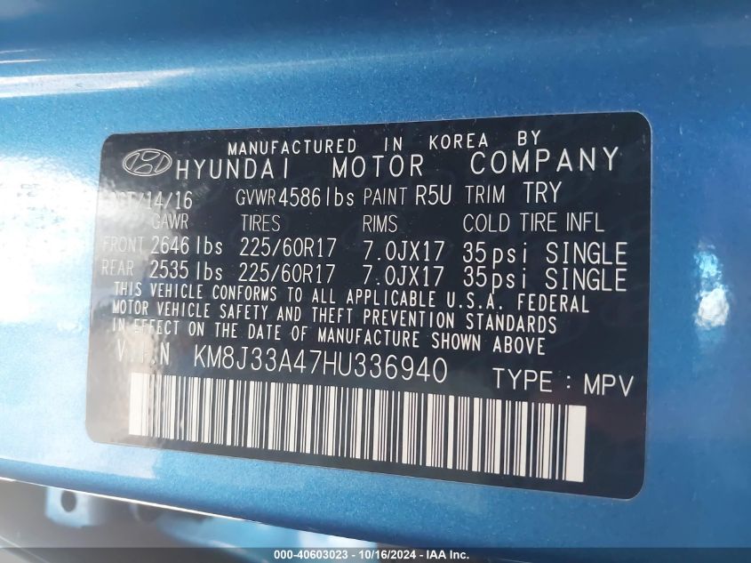 2017 Hyundai Tucson Se VIN: KM8J33A47HU336940 Lot: 40603023