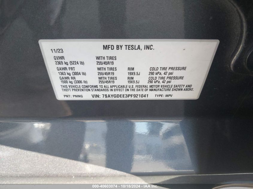 2023 Tesla Model Y Awd/Long Range Dual Motor All-Wheel Drive VIN: 7SAYGDEE3PF921041 Lot: 40603074