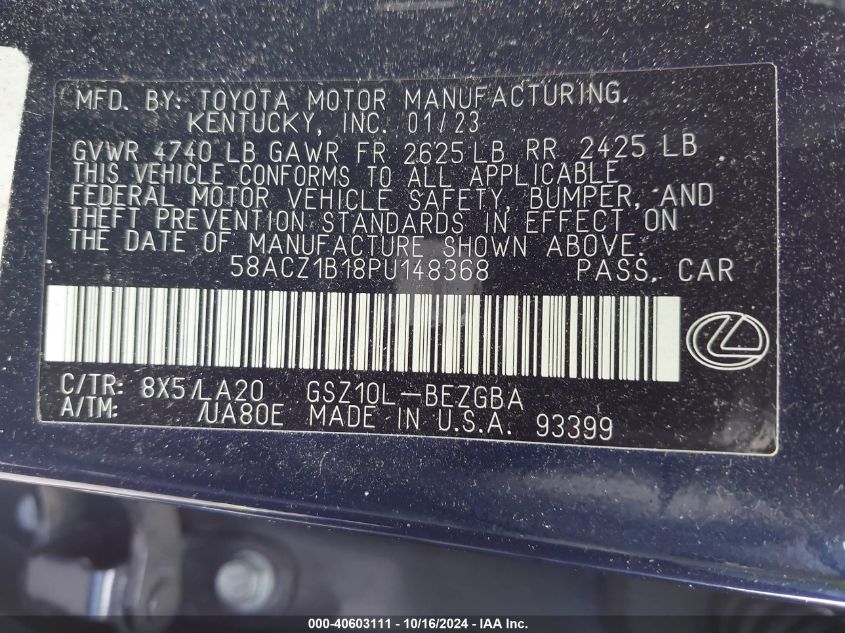 VIN 58ACZ1B18PU148368 2023 Lexus ES, 350 no.9