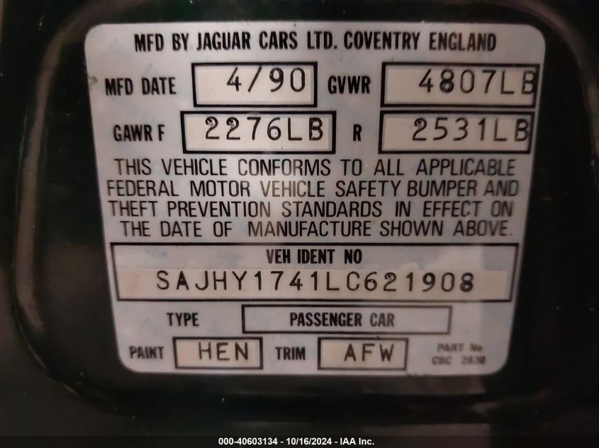 1990 Jaguar Xj6 Sovereign VIN: SAJHY1741LC621908 Lot: 40603134