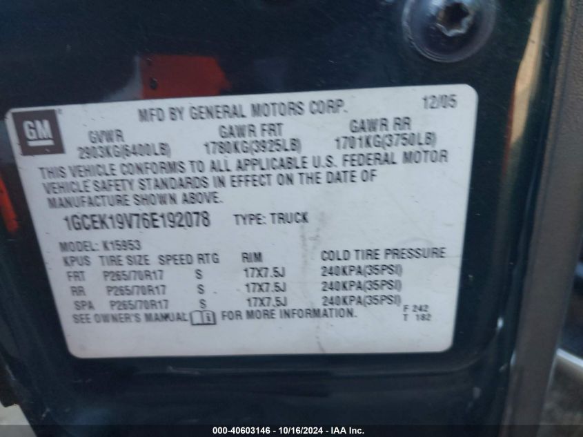 2006 Chevrolet Silverado 1500 Work Truck VIN: 1GCEK19V76E192078 Lot: 40603146