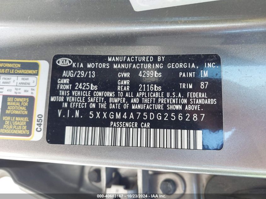 2013 Kia Optima Lx VIN: 5XXGM4A75DG256287 Lot: 40603167