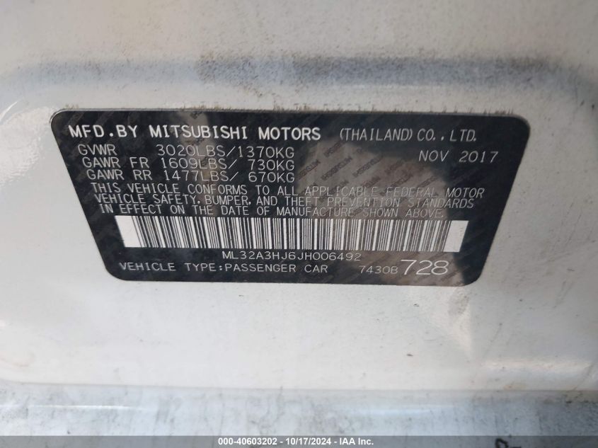 2018 Mitsubishi Mirage Es VIN: ML32A3HJ6JH006492 Lot: 40603202