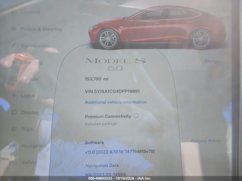 2013 Tesla Model S VIN: 5YJSA1CG4DFP19991 Lot: 40603233