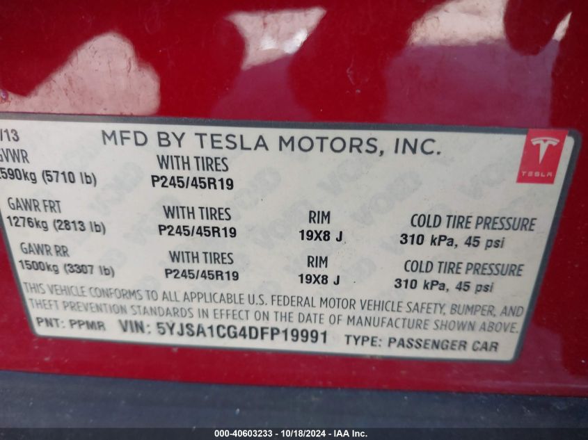 2013 Tesla Model S VIN: 5YJSA1CG4DFP19991 Lot: 40603233