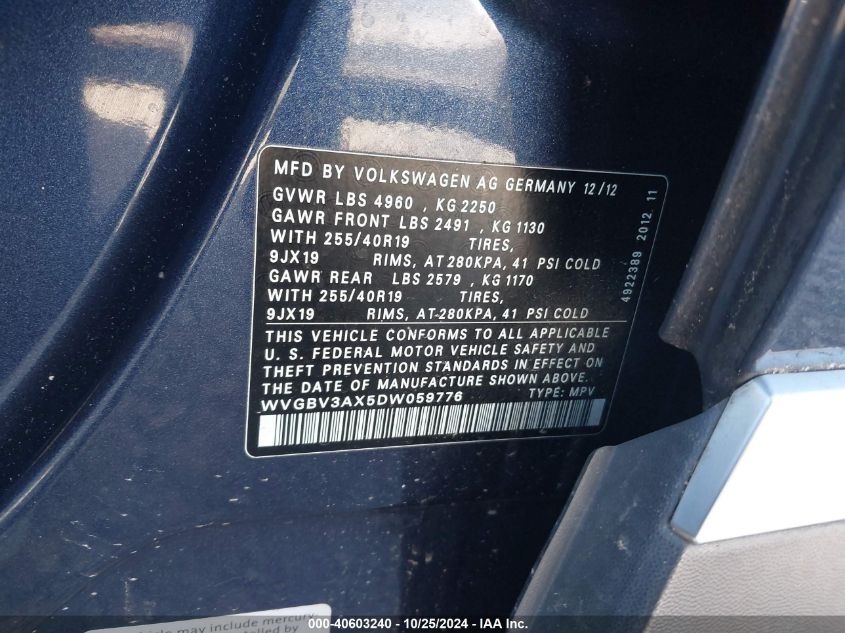 2013 VOLKSWAGEN TIGUAN SEL - WVGBV3AX5DW059776