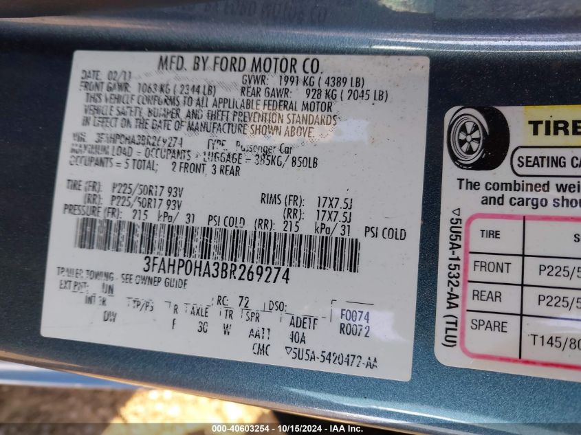 2011 Ford Fusion Se VIN: 3FAHP0HA3BR269274 Lot: 40603254