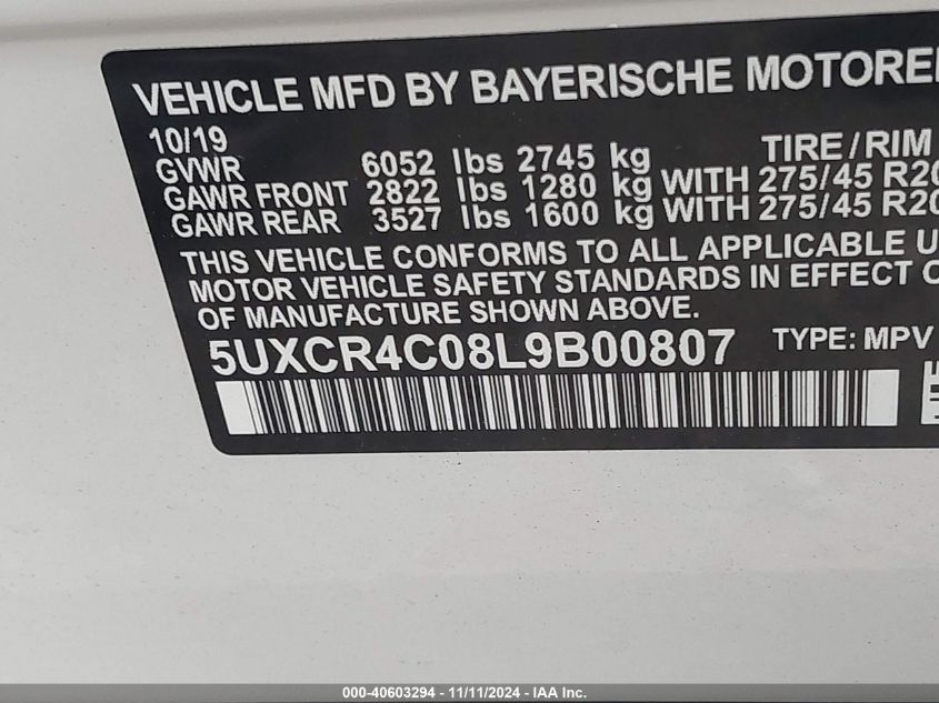 2020 BMW X5 Sdrive 40I VIN: 5UXCR4C08L9B00807 Lot: 40603294