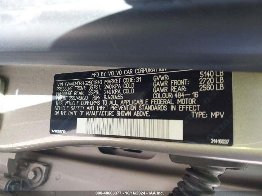 2016 Volvo Xc60 T5 Drive-E Premier VIN: YV440MDK4G2901940 Lot: 40603377