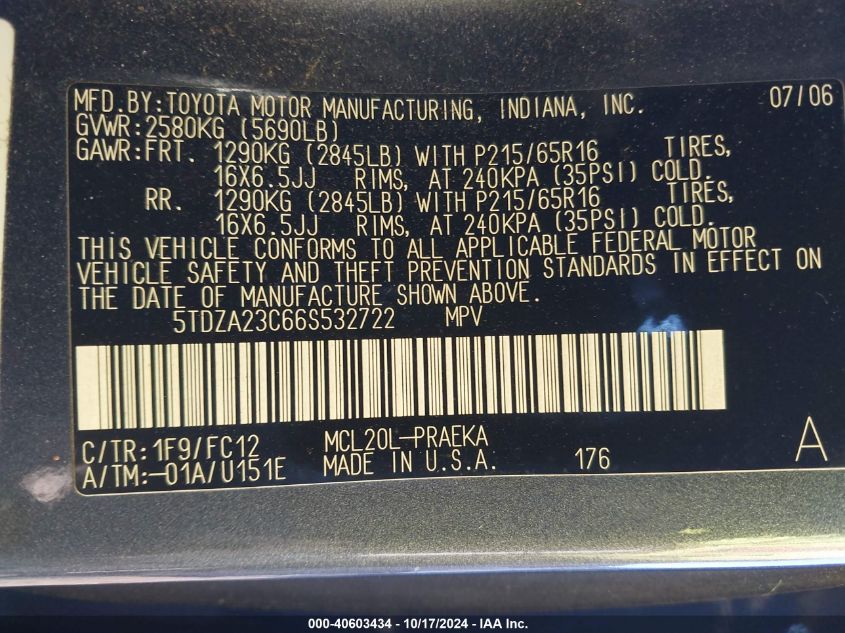 2006 Toyota Sienna Le VIN: 5TDZA23C66S532722 Lot: 40603434