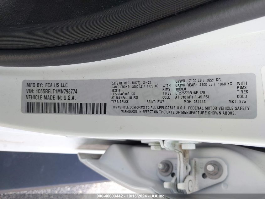 2021 Ram 1500 Rebel 4X4 5'7 Box VIN: 1C6SRFLT1MN798774 Lot: 40603442